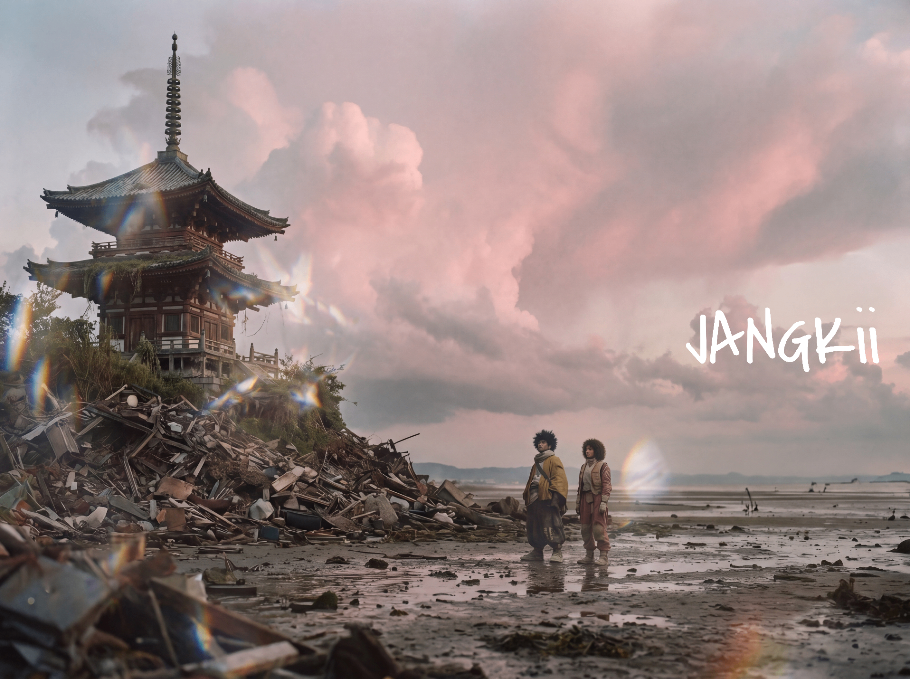 Two travelers on a ruined beach under a pink sky