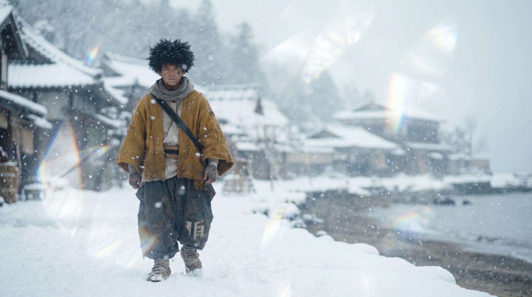 A traveler walks through snowfall in a Jangkii village